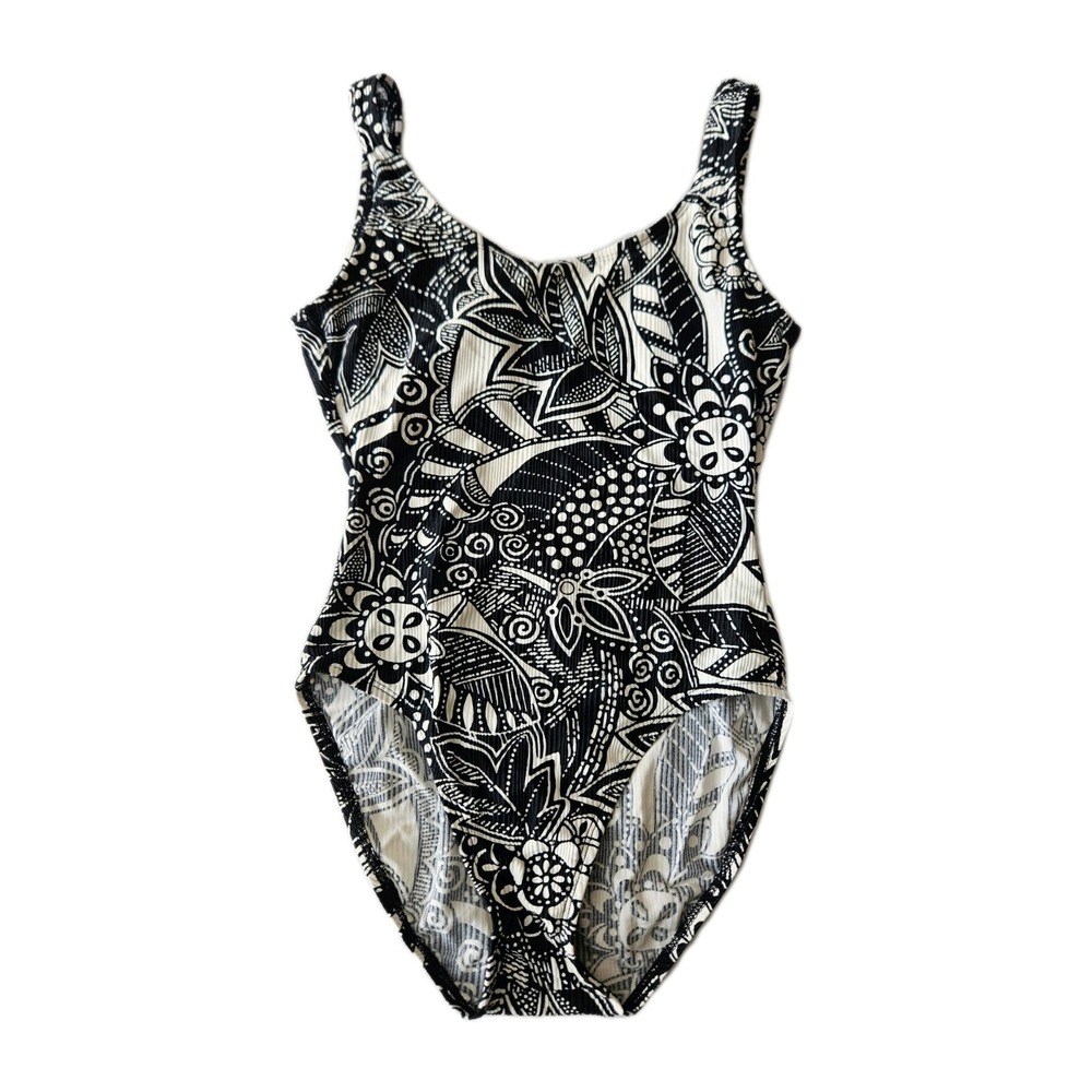 Vtg Catalina Black + White Floral Tropical Abstract Print Swimsuit Beach Vacay M
